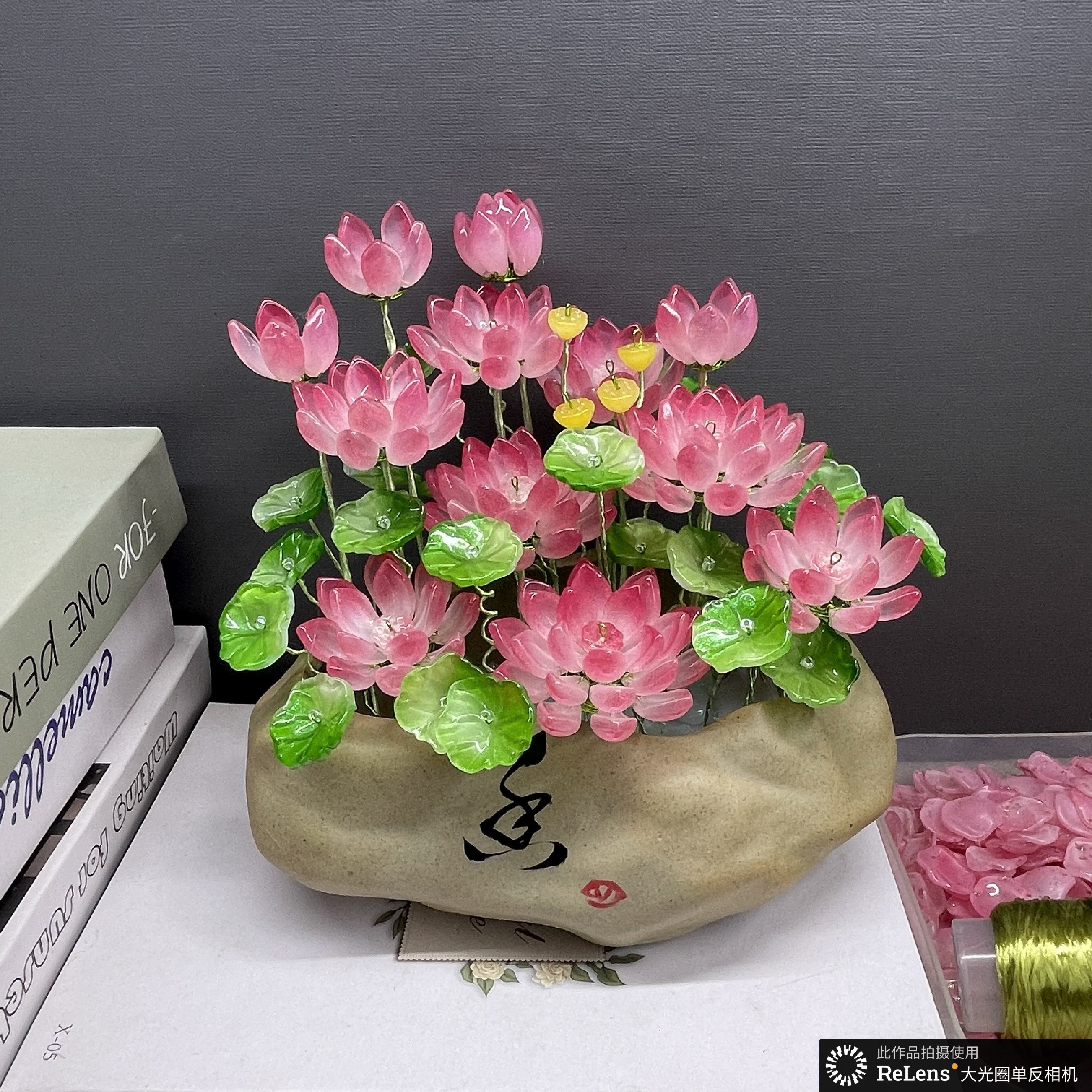 精致琉璃荷花盆栽】仿真花假花莲花观音佛供花高档桌面摆件简约