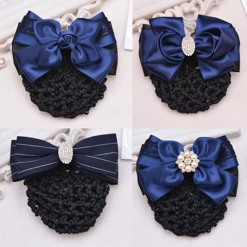 蓝色银行医院护士网兜珍珠蝴蝶结