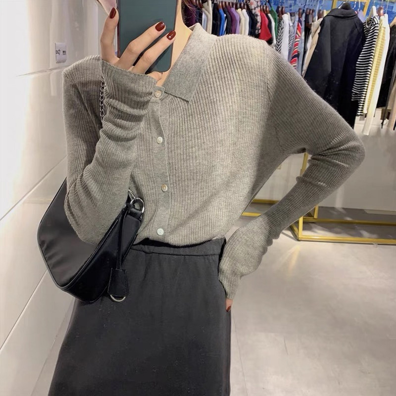 polo领针织衫女装打底开衫2025秋冬新款灰色长袖内搭秋季翻领上衣