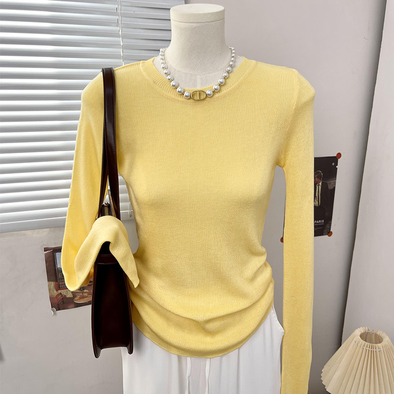 修身圆领毛衣打底衫女2025秋季新款薄款长袖内搭秋冬黄色针织上衣