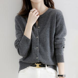 针织开衫女秋季毛衣外套2025新款爆款灰色休闲圆领薄款上衣打底衫