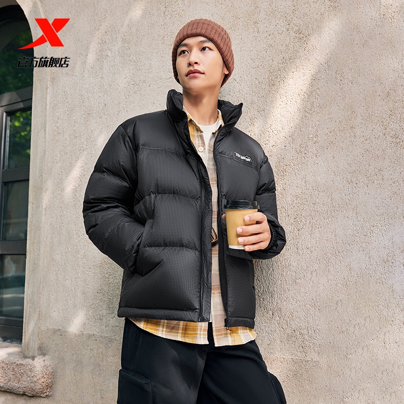 特步立领羽绒服男女款冬季新款黑色上衣防风保暖棉服情侣运动外套