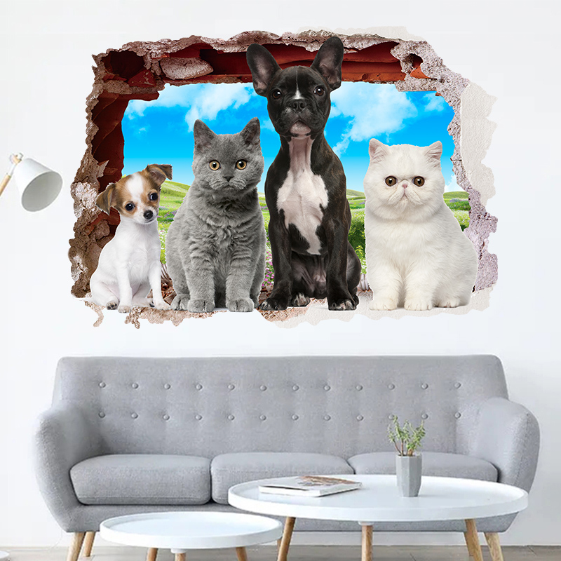 卡通动物墙贴纸3D立体破墙效果狗狗猫咪儿童房幼儿园装饰平面贴画图片