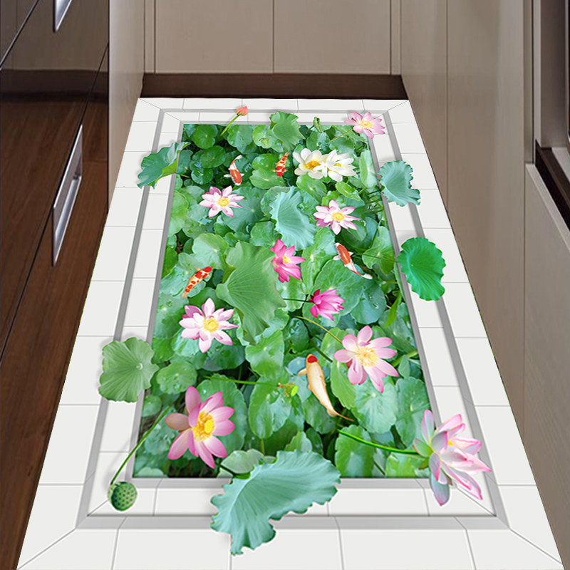 地画荷塘景色鲤鱼海浪流水瀑布3d立体地贴防水商场卧室客厅地板贴