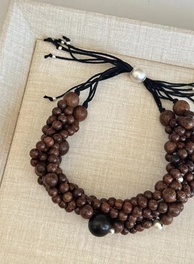 金丝檀木手工6股编织串珠手链