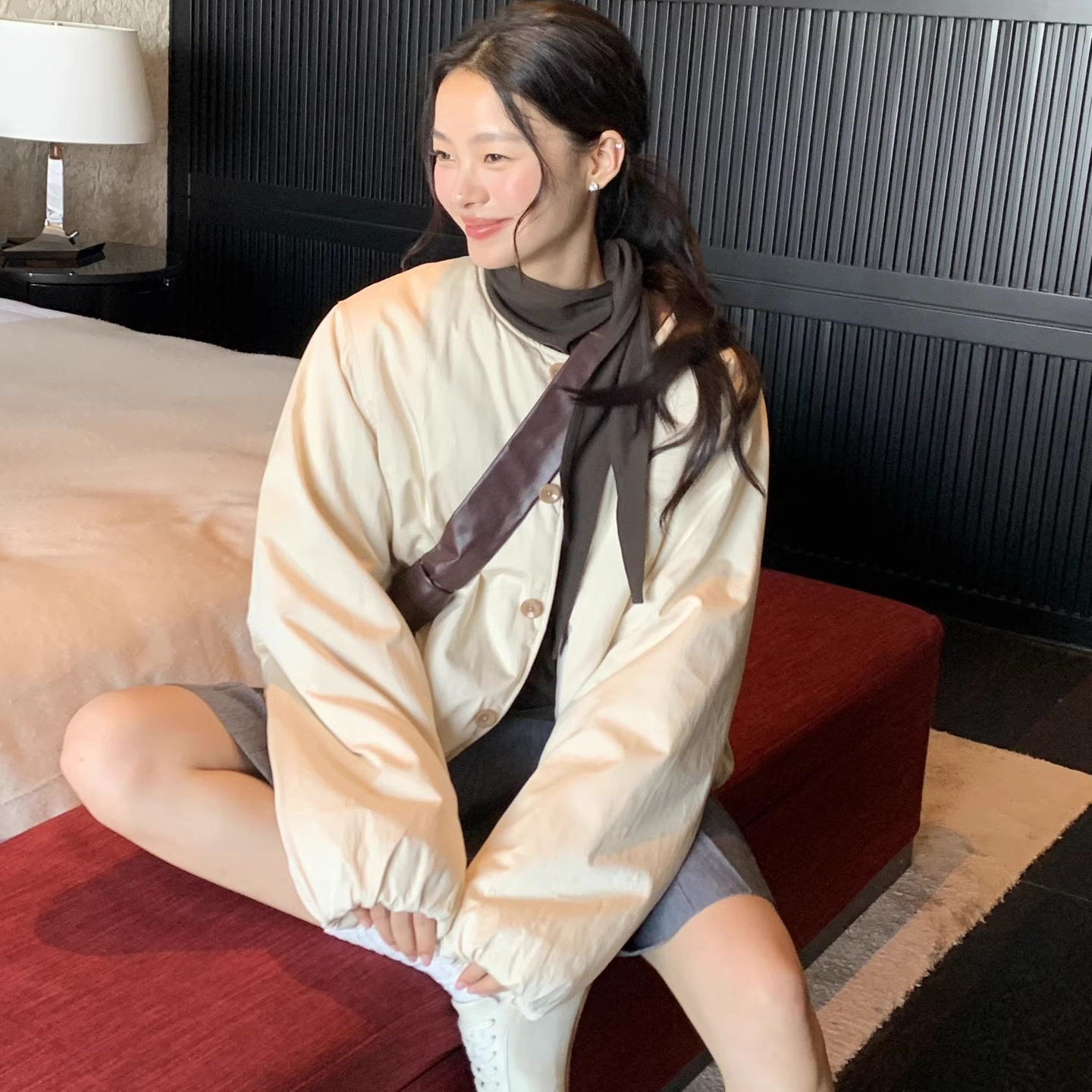 小众设计~软糯亲肤100%棉 花苞下摆设计 奶油色时髦棉服 外套