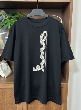 东京nemeth~穿针麻绳印花 纯棉黑色宽松短袖T恤