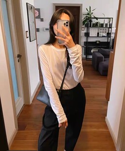 翻单N次囤货美国jin口薄比马棉毛边裁剪后缝线长袖 打底T恤