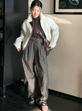 Lema*风格~折叠腰带花苞超高腰 府绸棉弯刀休闲裤