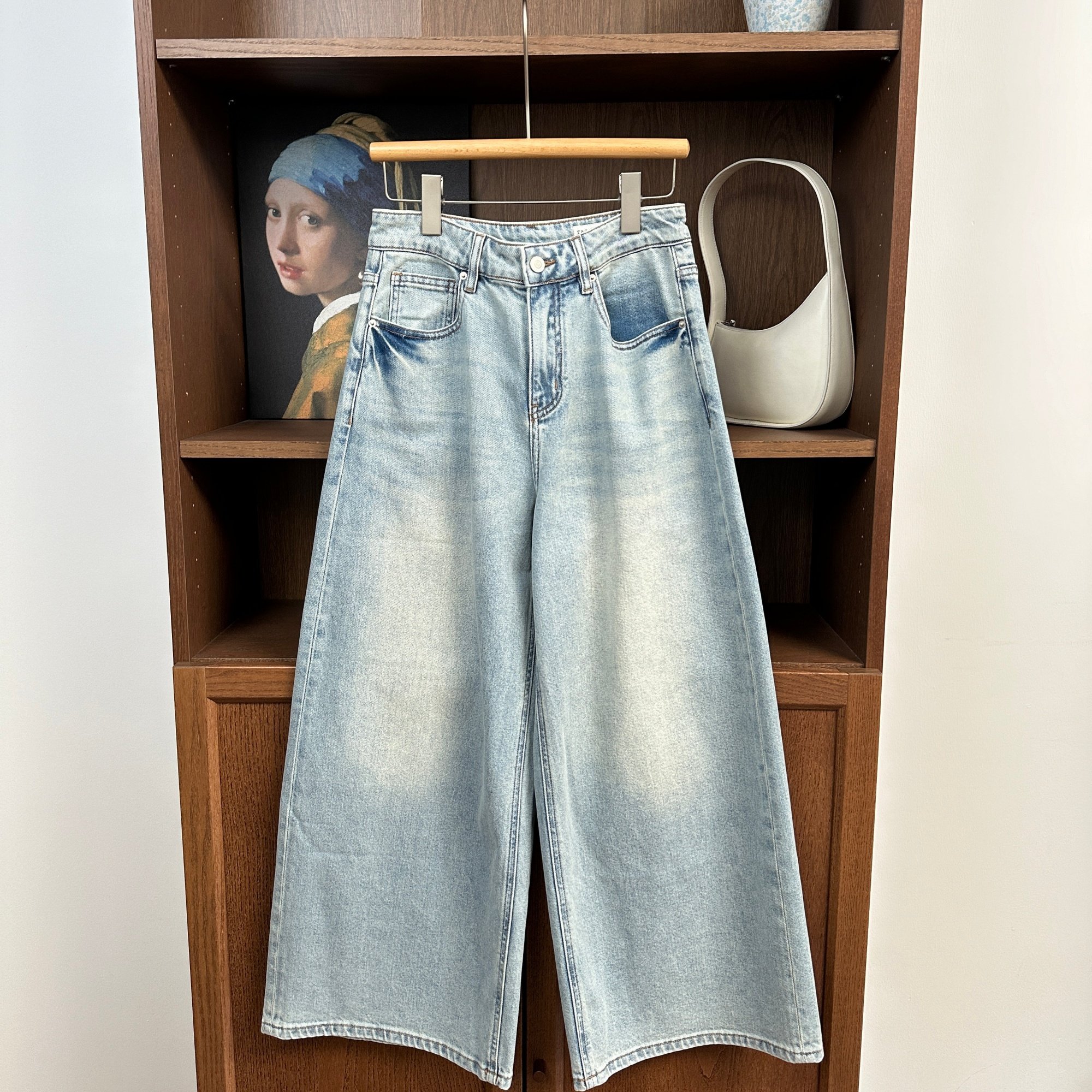 土耳其石磨水洗浅蓝阔腿牛仔裤