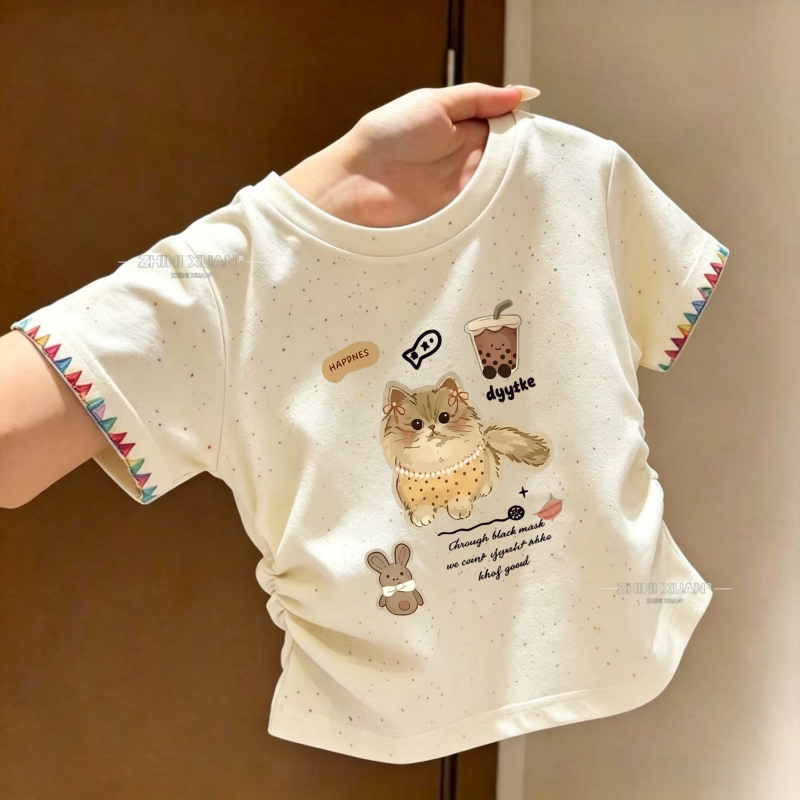 女童小猫咪图案短袖T恤儿童T恤短袖新款夏季洋气时尚纯棉薄款上衣图片