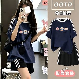 2026夏季新款宽松纯棉t恤女中大童三条杠短袖+三条杠短裤可爱套装