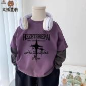 儿童纯棉长袖 T恤2025新款 春秋男童痞帅打底中大童拼接假两件上衣