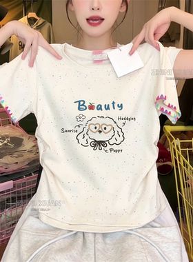 女童纯棉短袖彩虹点T恤新款夏季圆领百搭软萌清新儿童短款上衣t恤
