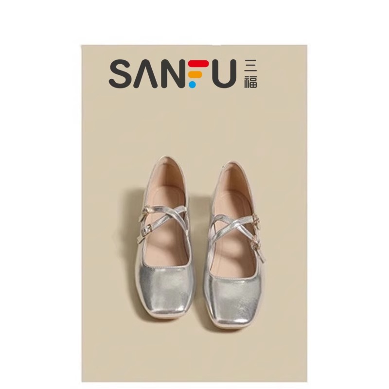 正品三福法式玛丽珍鞋女银色