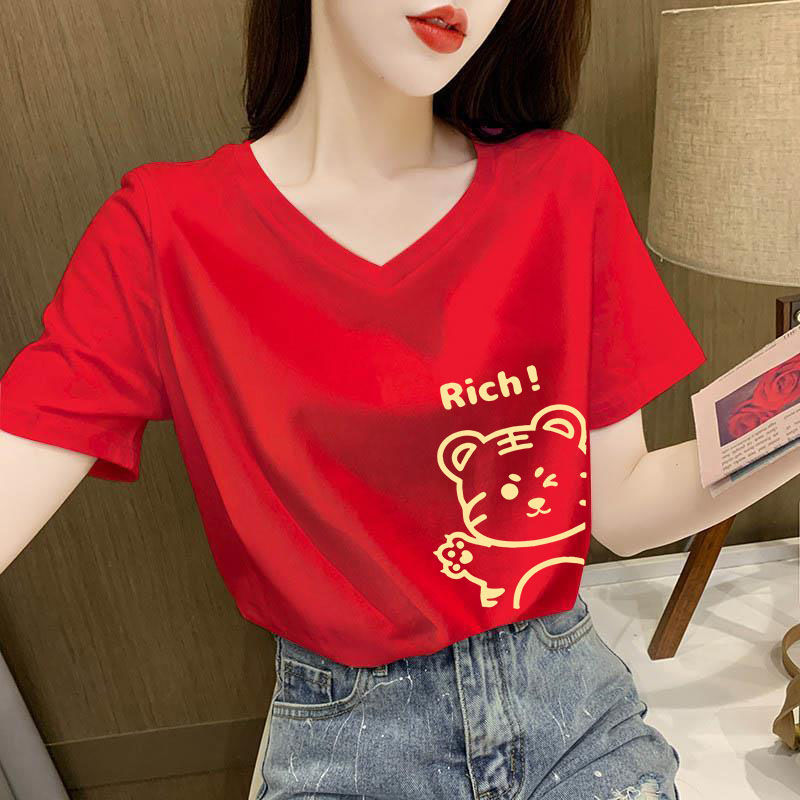 虎年纯棉t恤新款2022新年本命年半袖大码女士红色V领衣服短袖女潮_女装_女士精品