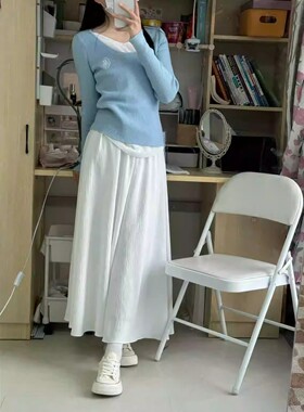 休闲裤肌理感棉麻垂感阔腿裤裙仙女半身裙女秋季雪纺a字白色长裤