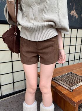 大码韩版麂皮绒短裤毛呢裤子女