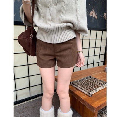 大码韩版麂皮绒短裤毛呢裤子女