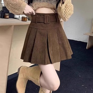 学院风百褶裙女2025新款秋季灯芯绒半身裙棕色大码胖mm高腰短裙子