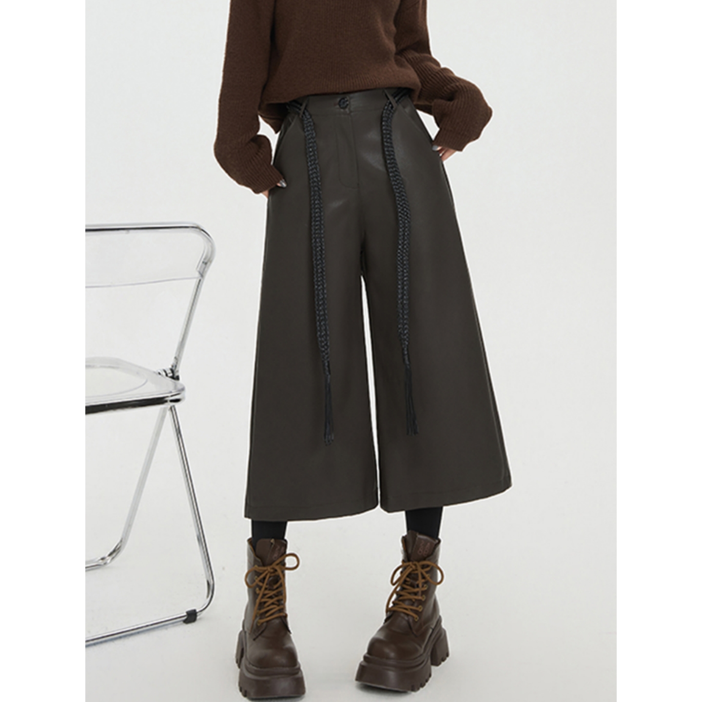 微胖mm咖色PU皮九分裤女秋冬直筒阔腿中裤宽松垂感休闲七八分皮裤