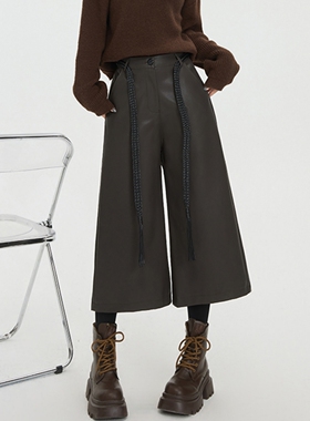 微胖mm咖色PU皮九分裤女秋冬直筒阔腿中裤宽松垂感休闲七八分皮裤