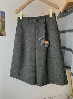 灰色松紧高腰休闲阔腿五分六分毛呢裤女春季加厚呢子外穿直筒靴裤