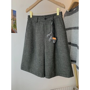 加厚呢子外穿直筒靴裤 灰色松紧高腰休闲阔腿五分六分毛呢裤 女春季