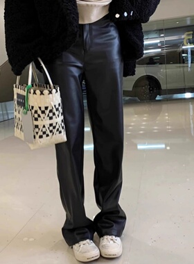 春季直筒休闲窄版微胖mm穿搭阔腿裤黑色小个子拖地裤子宽松皮裤女