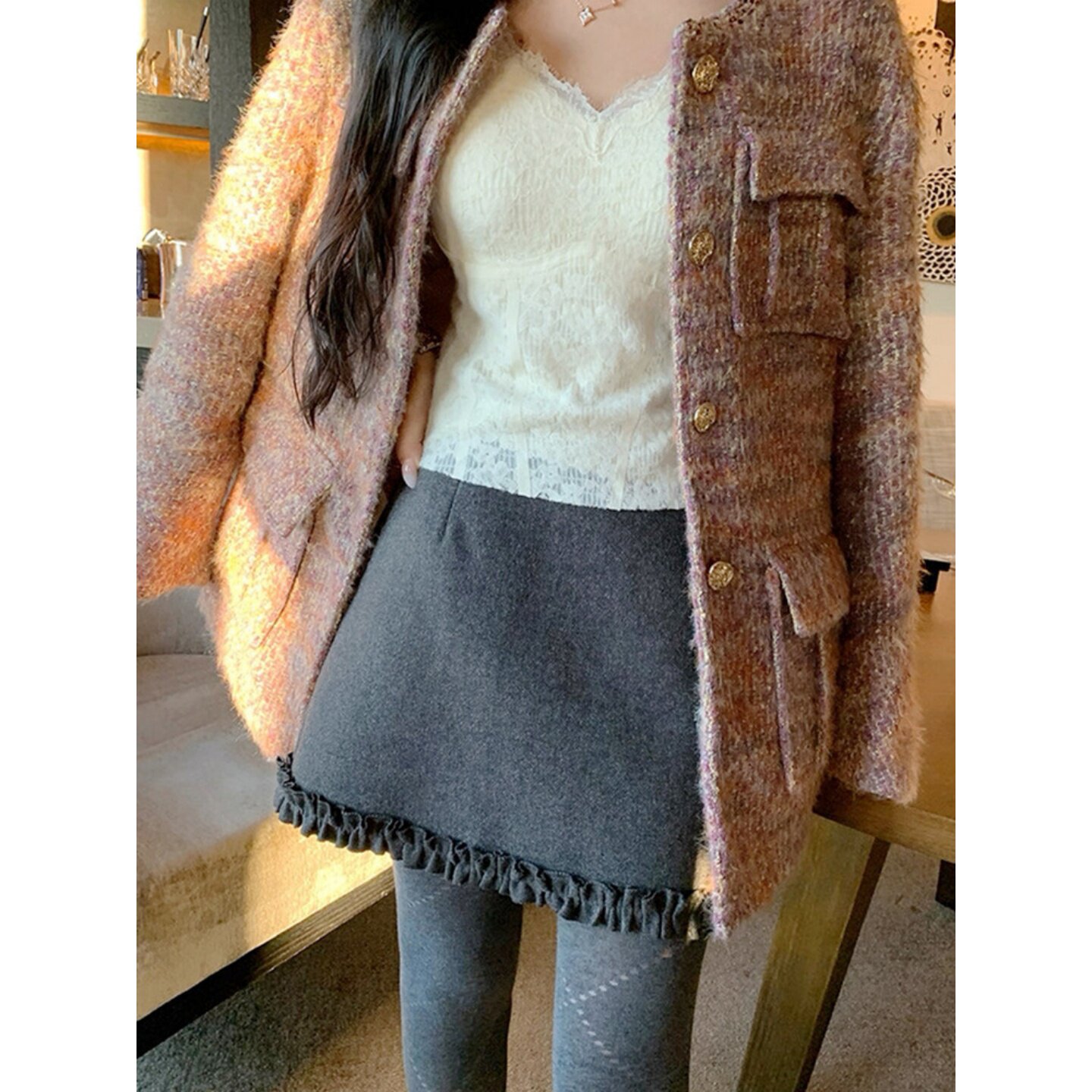大码毛呢半身裙女春季高腰A字短裙木耳边毛边设计拼接显瘦包臀裙