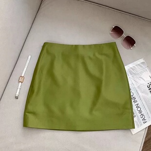 夏季绿色缎面半身裙女微胖mm高腰包臀短裙光感直筒裙修身A字短裙