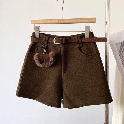 配皮带高腰防走光毛呢休闲裤女