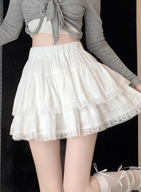 大码白色法式芭蕾风蓬蓬蛋糕裙春季荷叶边短裙高腰a字蕾丝半身裙