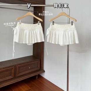 大码蛋糕百褶短裙女秋冬新款蕾丝拼接系带裙子高腰显瘦白色半身裙