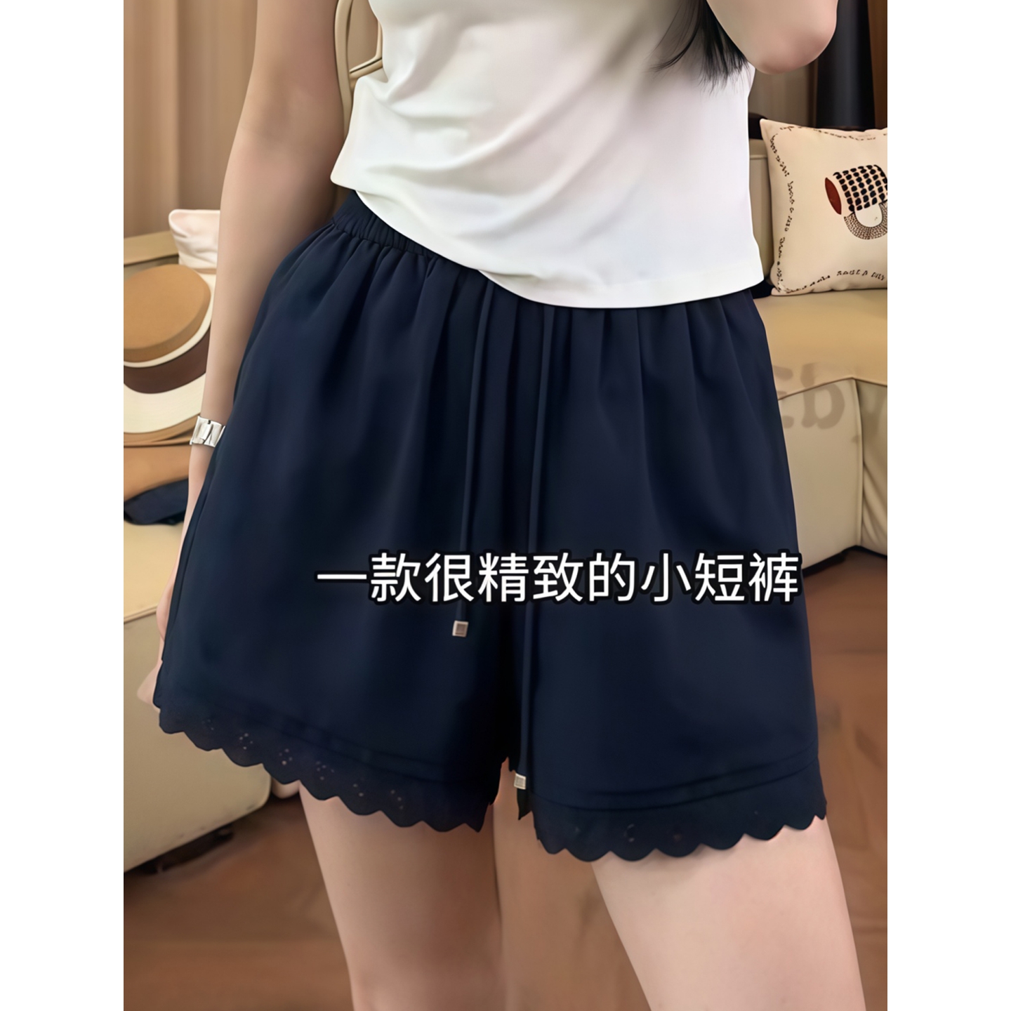 天丝亚麻蕾丝拼接休闲短裤女胖mm秋季新款宽松高腰百搭显瘦a字裤