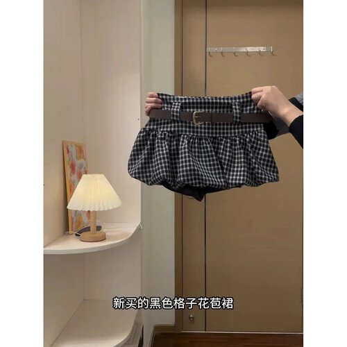 大码格纹花苞半身裙裤女蓬蓬短裙
