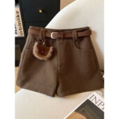 大码 高腰显瘦配腰带毛呢短裤 美拉德咖色a字呢子直筒裤 女秋冬靴裤