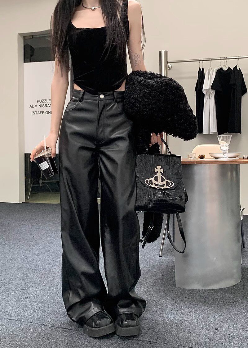 美式复古PU皮休闲长裤女秋季款高腰窄版显瘦阔腿拖地裤机车皮裤子,女装/女士精品,休闲裤,淘宝优惠券,粉丝福利购,淘宝优惠卷