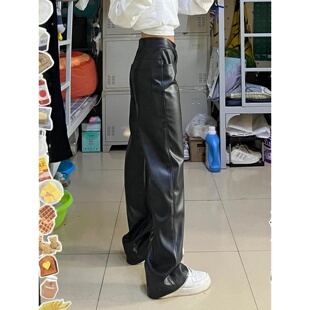 高腰显瘦直筒宽松阔腿休闲拖地裤 大码 新款 女春季 胖妹妹mm黑色皮裤