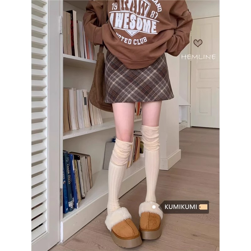 春秋季新款计感格纹撞色毛呢A字半身裙女小个子包臀高腰显瘦短裙