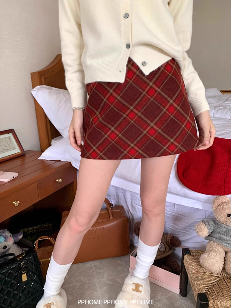格子毛呢半身裙大码美式包臀短裙