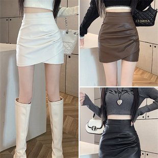 千禧辣妹紧身包臀pu皮短裙女秋季 高腰显瘦不规则a字褶皱半身裙 款
