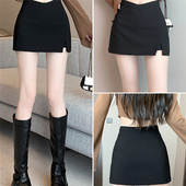 黑色a字超短裙 高腰遮胯开叉露腰包臀裙裤 美式 性感V型半身裙女春季