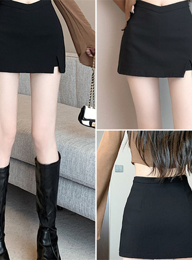 美式性感V型半身裙女秋季高腰遮胯开叉露腰包臀裙裤黑色a字超短裙