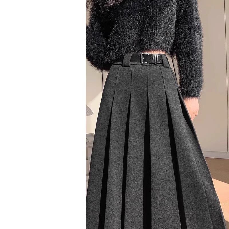 灰色毛呢半身裙中长百褶裙