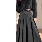 灰色毛呢半身裙女秋季 2025新款 高腰显瘦垂坠感中长百褶裙a字长裙