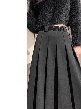 灰色毛呢半身裙女春季2026新款高腰显瘦垂坠感中长百褶裙a字长裙