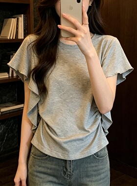 法式温柔甜美灰色荷叶边短袖T恤女大码夏季独特漂亮显瘦百搭上衣