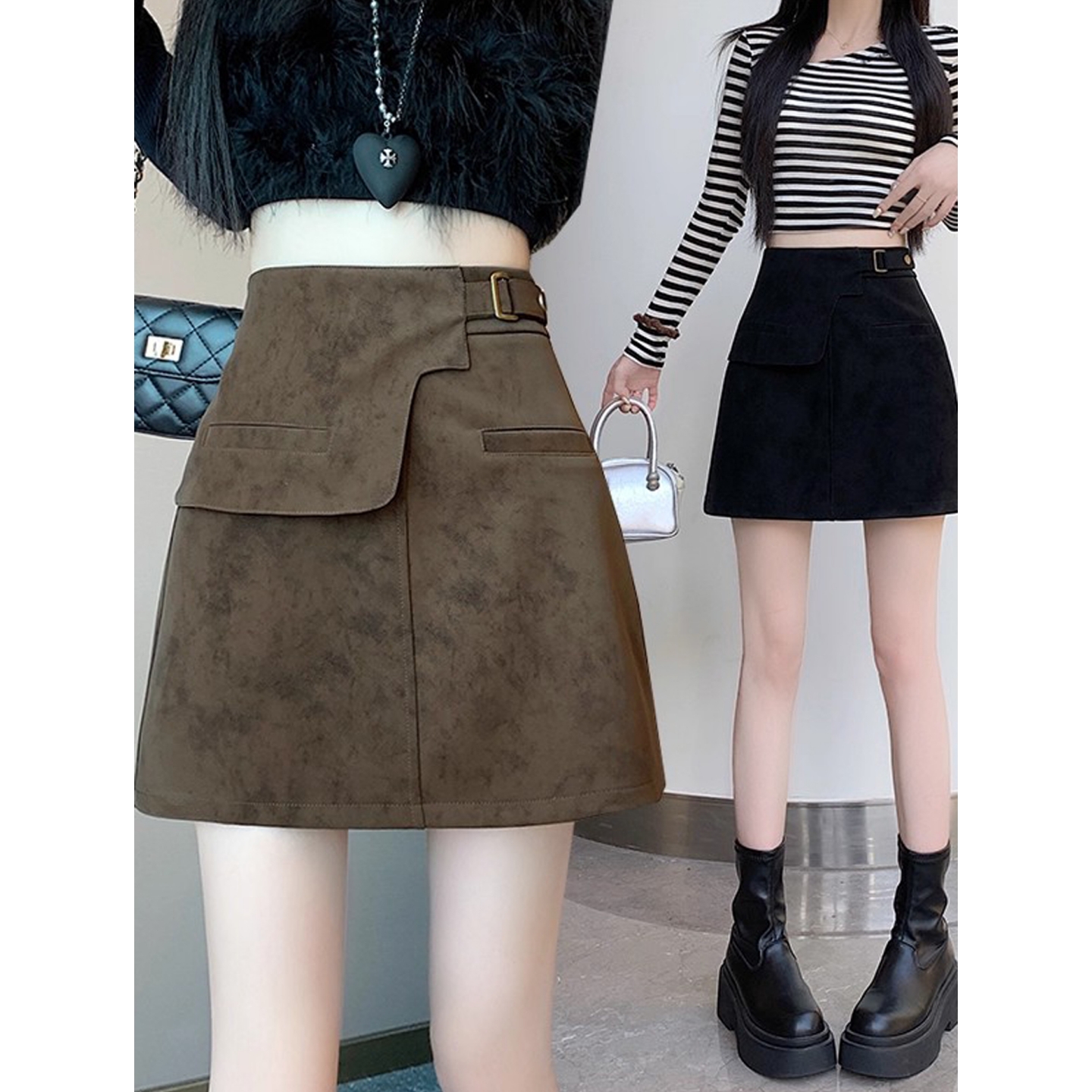 大码咖色鹿皮绒半身裙女秋冬新款小个子高腰显瘦a字辣妹休闲短裙