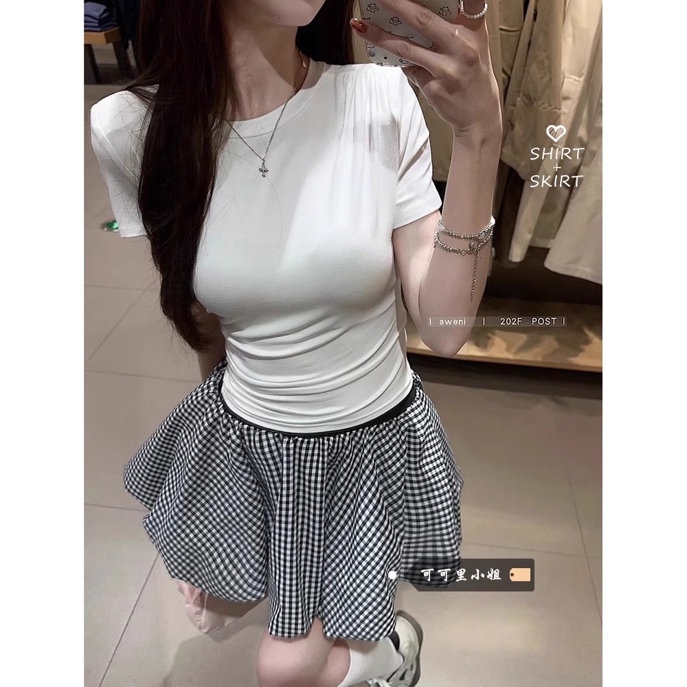 纯欲弹力显瘦格子蓬蓬裙高腰半身裙女大码2025夏季新款花苞短裙裤